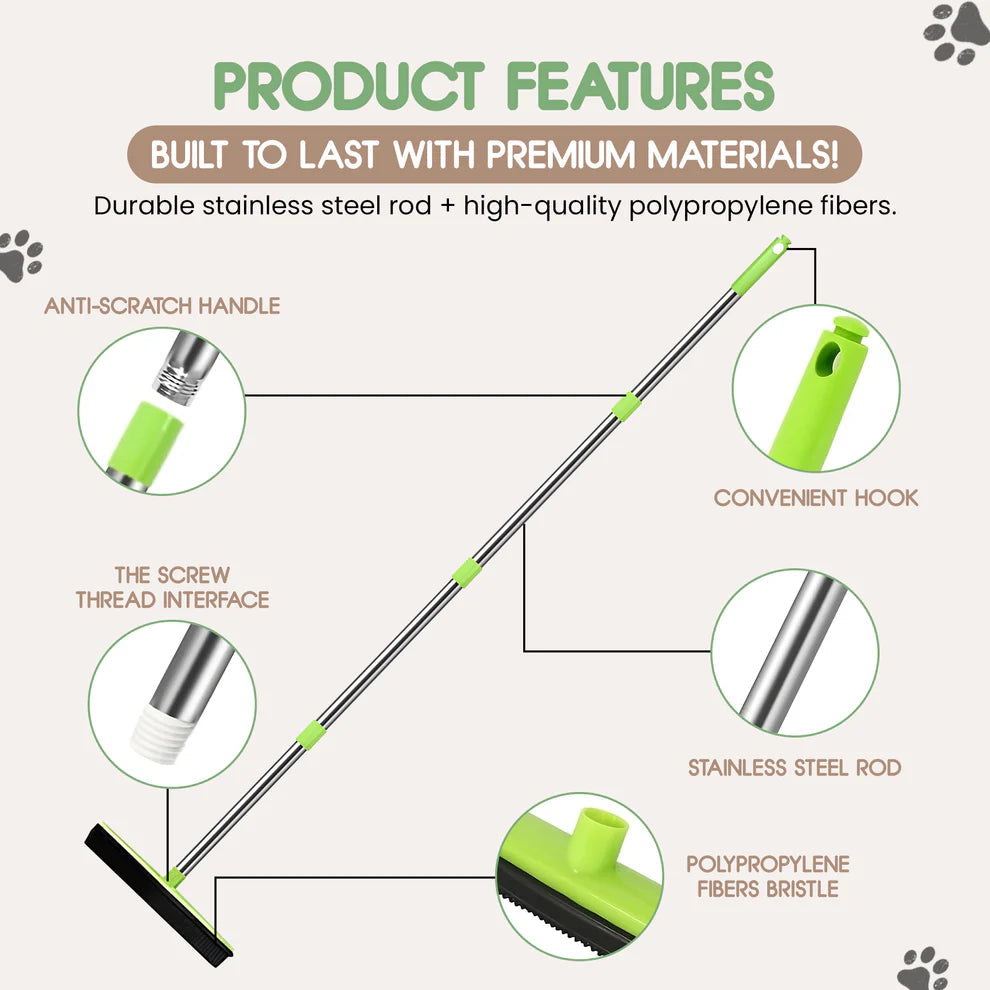 Product features of a green pet grooming brush with text highlighting materials and design elements.
